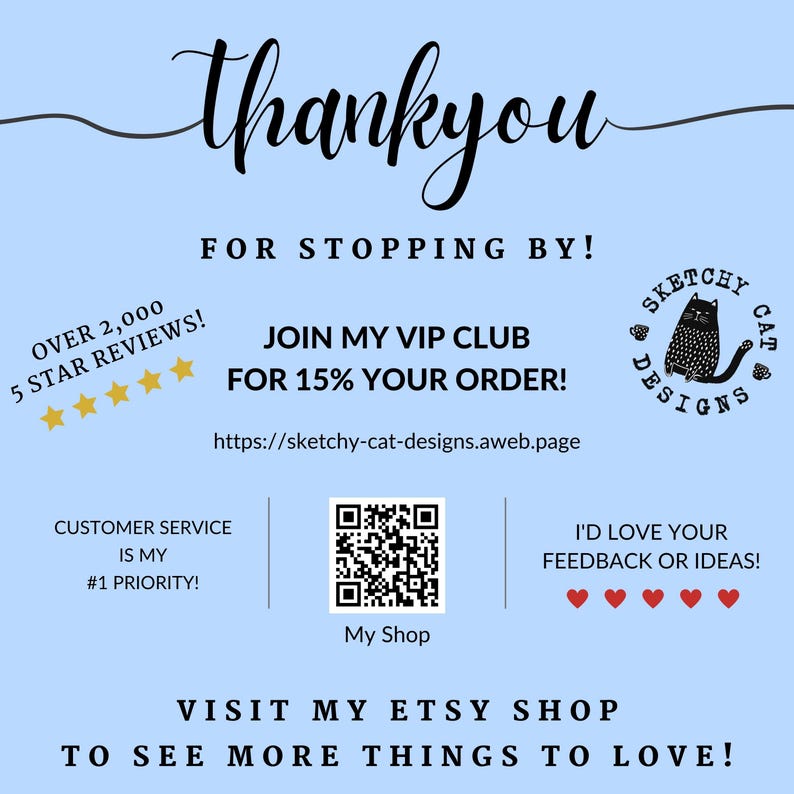 Peut inclure: Une carte de remerciement bleue et blanche avec une illustration de chat noir. La carte comprend un code QR, un lien vers un site Web et le texte "Rejoignez mon club VIP pour 15% de votre commande !"