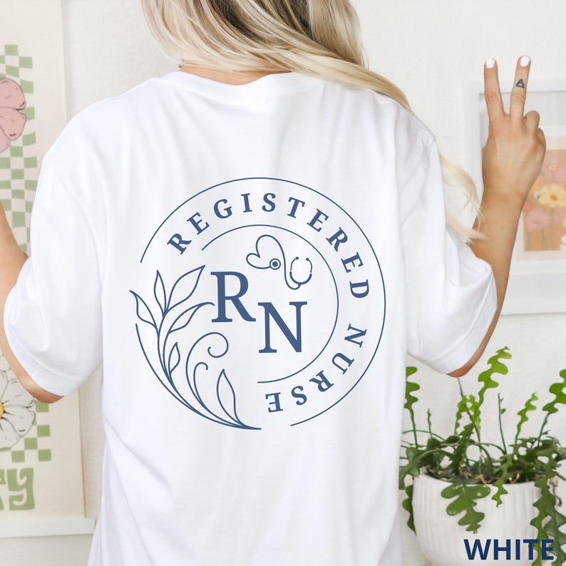 white Registered Nurse shirt for her, Front and back print RN Tshirt