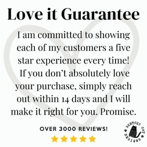 Puede incluir: Un gr&aacute;fico en forma de coraz&oacute;n con el texto "Love it Guarantee" y un mensaje sobre la satisfacci&oacute;n del cliente. El texto dice: "Estoy comprometido a brindar a cada uno de mis clientes una experiencia de cinco estrellas en todo momento. Si no te encanta absolutamente tu compra, simplemente ponte en contacto con nosotros dentro de los 14 d&iacute;as y haremos todo lo posible para que est&eacute;s satisfecho. &iexcl;Prometido!" El gr&aacute;fico tambi&eacute;n incluye el texto "OVER 3000 REVIEWS!" y una calificaci&oacute;n de cinco estrellas.