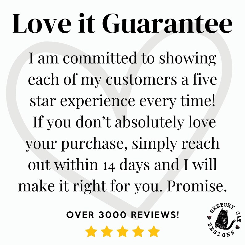 Puede incluir: Un gr&aacute;fico en forma de coraz&oacute;n con el texto "Love it Guarantee" y un mensaje sobre la satisfacci&oacute;n del cliente. El texto dice: "Estoy comprometido a brindar a cada uno de mis clientes una experiencia de cinco estrellas en todo momento. Si no te encanta absolutamente tu compra, simplemente ponte en contacto con nosotros dentro de los 14 d&iacute;as y haremos todo lo posible para que est&eacute;s satisfecho. &iexcl;Prometido!" El gr&aacute;fico tambi&eacute;n incluye el texto "OVER 3000 REVIEWS!" y una calificaci&oacute;n de cinco estrellas.