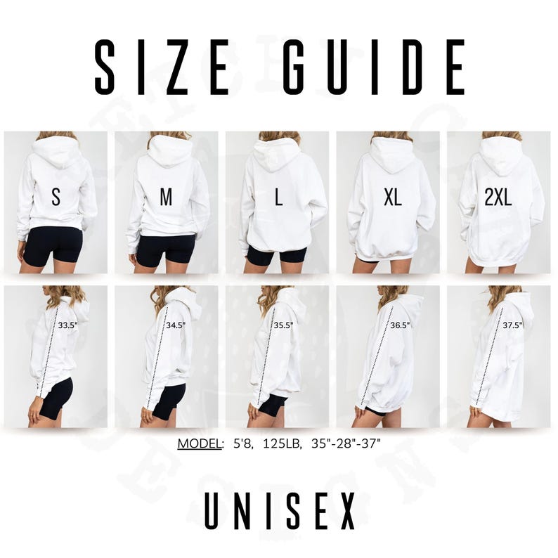 Op de afbeelding: Een witte unisex hoodie maattabel met maten S tot 2XL. De gids toont modellen die de hoodies dragen, met afmetingen in inches. De tekst "SIZE GUIDE" en "UNISEX" worden in het zwart weergegeven.