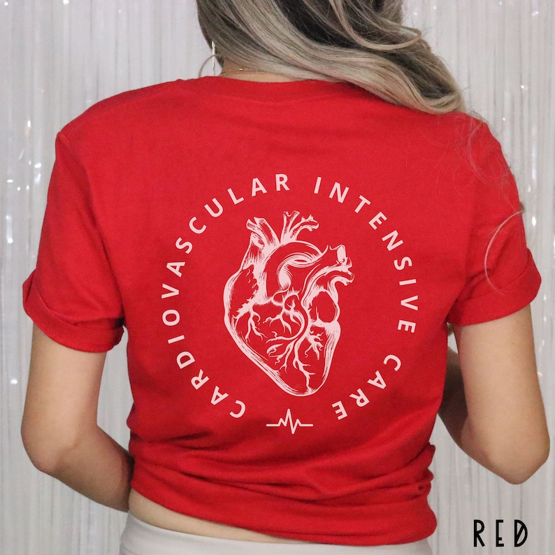 May include: Red t-shirt with a white graphic of a heart and the words "CARDIOVASCULAR INTENSIVE CARE" in a circle. Below the heart is a white EKG line. The word "RED" is in the bottom right corner.