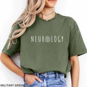K&ouml;nnte beinhalten: Milit&auml;rgr&uuml;nes T-Shirt mit dem Wort "NEUROLOGY" in Wei&szlig;, mit einer Gehirngrafik, die das "O" ersetzt. Das Shirt hat eine einfarbige Farbe und eine lockere Passform. Der Text "MILITARY GREEN" steht unten.