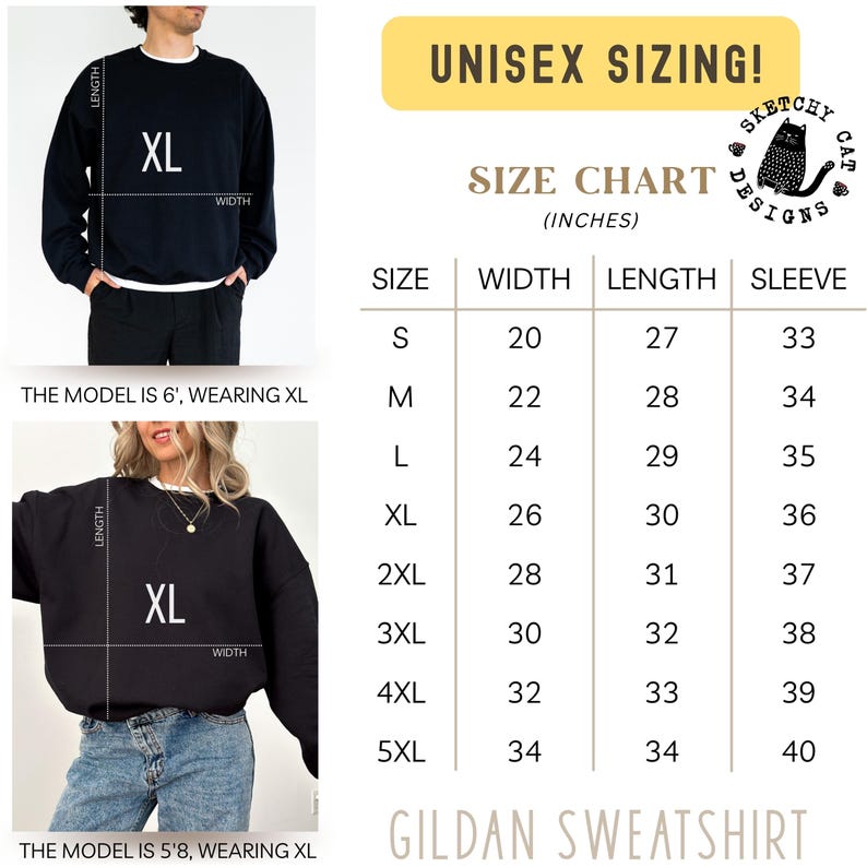 Op de afbeelding: Een maattabel voor zwarte Gildan-sweatshirts met unisex-maten in inches. De tabel bevat de maten S tot 5XL met bijbehorende breedte-, lengte- en mouwmaten. Twee modellen dragen XL-sweatshirts met labels voor de lengte en breedte.