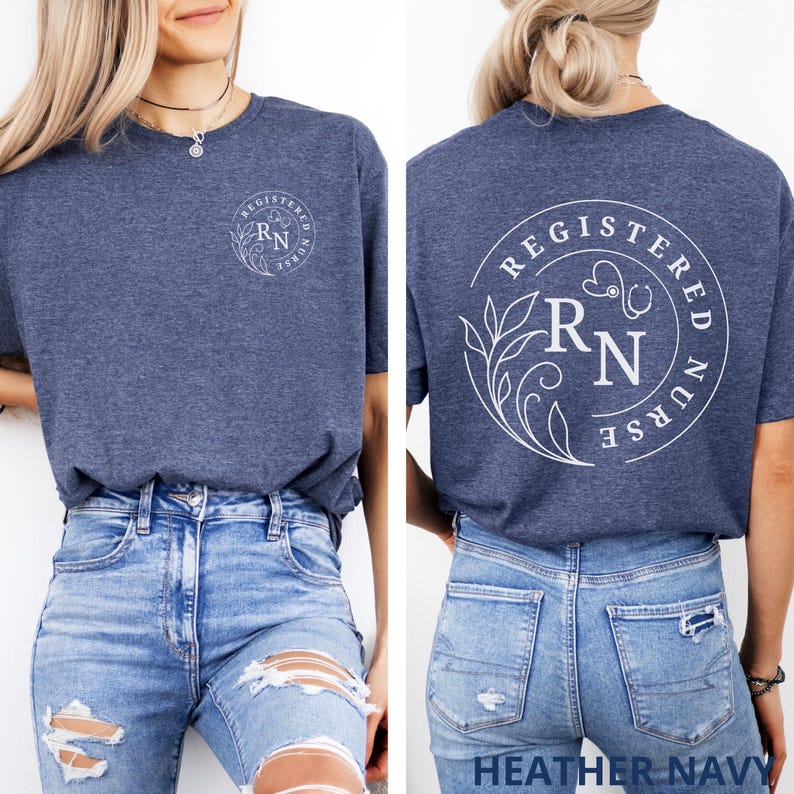 blue Registered Nurse shirt for her, Front and back print RN Tshirt