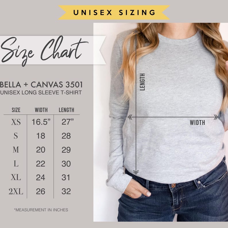 Puede incluir: Una tabla de tallas para una camiseta unisex de manga larga Bella + Canvas 3501. La tabla enumera las tallas de la XS a la 2XL con medidas de ancho y largo en pulgadas. Se muestra una camiseta gris claro con flechas indicando c&oacute;mo medir.