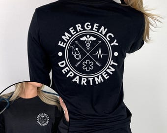 May include: Black long-sleeve shirt with a white circular graphic on the back. The graphic reads "EMERGENCY DEPARTMENT" around a medical symbol, stethoscope, heartbeat, and star of life. The word "BLACK" is at the bottom right.