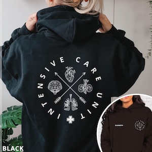 May include: Black hoodie with a white circular design on the back, featuring anatomical illustrations of the brain, heart, lungs, and kidneys, with the words "INTENSIVE CARE UNIT" around the edge. The word "BLACK" is at the bottom.