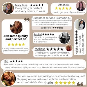 May include: A collage of customer reviews with star ratings and comments. The reviews praise the quality, comfort, and customer service. The text includes phrases like "perfect fit," "amazing," and "super comfortable." The reviews are from various customers.