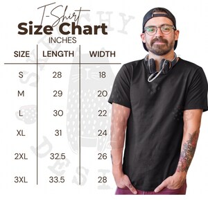 May include: A black t-shirt size chart with measurements in inches. The chart includes sizes S to 3XL, with corresponding lengths from 28 to 33.5 inches and widths from 18 to 28 inches. A person wearing a black t-shirt is on the right side of the image.
