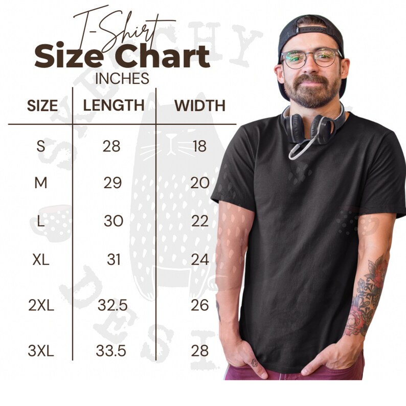 May include: A black t-shirt size chart with measurements in inches. The chart includes sizes S to 3XL, with corresponding lengths from 28 to 33.5 inches and widths from 18 to 28 inches. A person wearing a black t-shirt is on the right side of the image.
