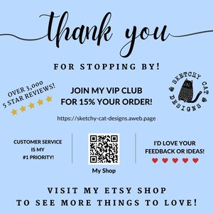 K&ouml;nnte beinhalten: Hellblaue Grafik mit den Worten &bdquo;Thank you&ldquo; in Schreibschrift. Das Bild enth&auml;lt Text zur Werbung f&uuml;r einen VIP-Club mit 15 % Rabatt, einen QR-Code und ein Logo mit einer Illustration einer schwarzen Katze.