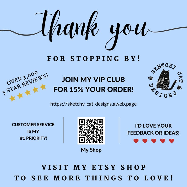 K&ouml;nnte beinhalten: Hellblaue Grafik mit den Worten &bdquo;Thank you&ldquo; in Schreibschrift. Das Bild enth&auml;lt Text zur Werbung f&uuml;r einen VIP-Club mit 15 % Rabatt, einen QR-Code und ein Logo mit einer Illustration einer schwarzen Katze.