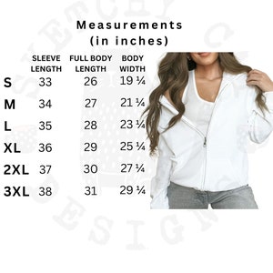 Peut inclure: Tableau des tailles pour un sweat &agrave; capuche blanc zipp&eacute; avec des mesures en pouces pour la longueur des manches, la longueur totale du corps et la largeur du corps. Les tailles vont du S au 3XL.