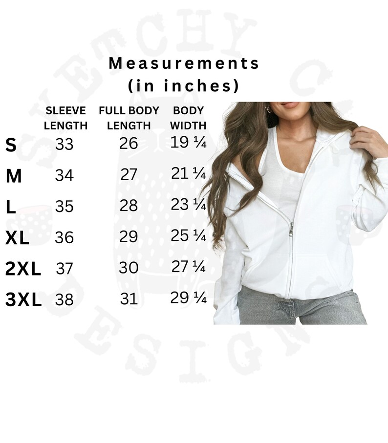 Peut inclure: Tableau des tailles pour un sweat &agrave; capuche blanc zipp&eacute; avec des mesures en pouces pour la longueur des manches, la longueur totale du corps et la largeur du corps. Les tailles vont du S au 3XL.