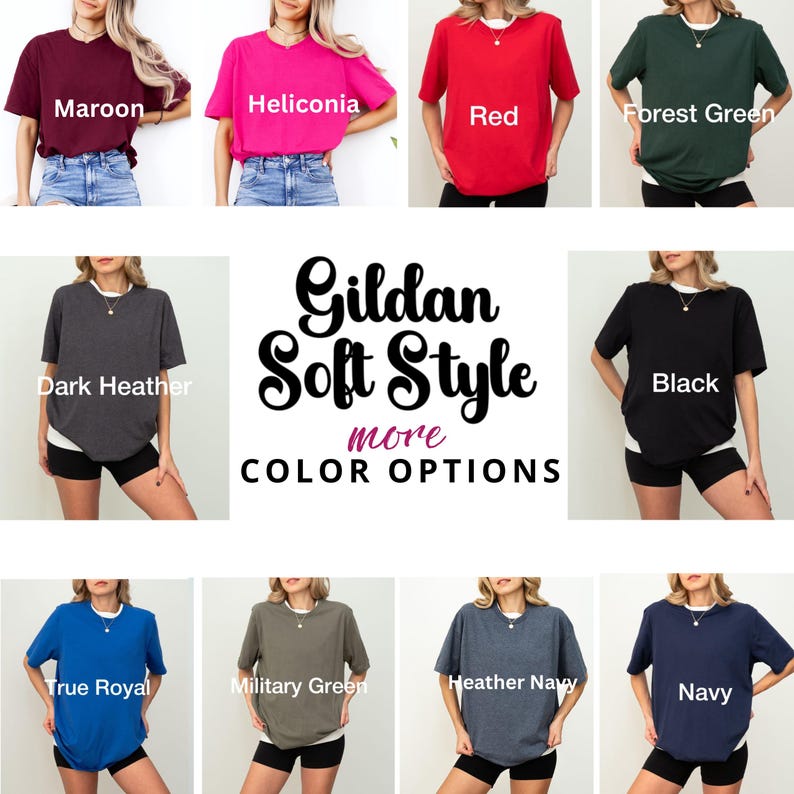 K&ouml;nnte beinhalten: Auswahl an Gildan Soft Style T-Shirts in verschiedenen Farben: Bordeaux, Pink, Rot, Waldgr&uuml;n, Dunkelgrau, Schwarz, K&ouml;nigsblau, Milit&auml;rgr&uuml;n, Heather Navy und Marine. Das Bild zeigt die Shirts mit den Farbbezeichnungen.