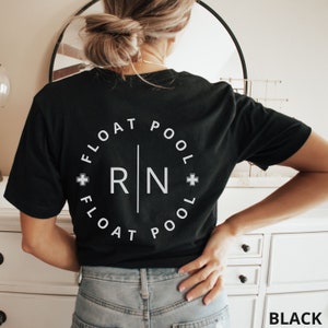 May include: Black t-shirt with white text. The text reads "FLOAT POOL" in a circle around the letters "RN" with a vertical line through the middle. The word "BLACK" is at the bottom right of the image.