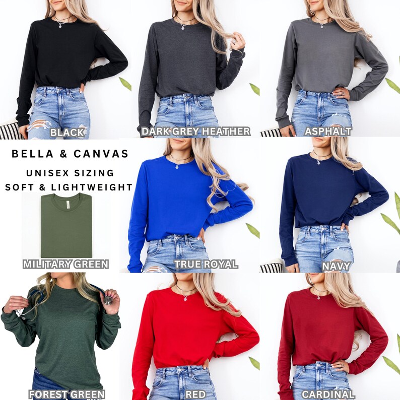 Puede incluir: Una colecci&oacute;n de camisetas de manga larga Bella & Canvas en varios colores, incluyendo negro, gris oscuro jaspeado, asfalto, verde militar, azul real, azul marino, verde bosque, rojo y cardenal. El texto dice Bella & Canvas unisex sizing soft & lightweight.