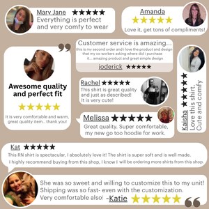 Puede incluir: Un collage de rese&ntilde;as de clientes con valoraciones de cinco estrellas, fotos de perfil y testimonios escritos. El texto incluye frases como Awesome quality and perfect fit, Customer service is amazing y This RN shirt is spectacular.