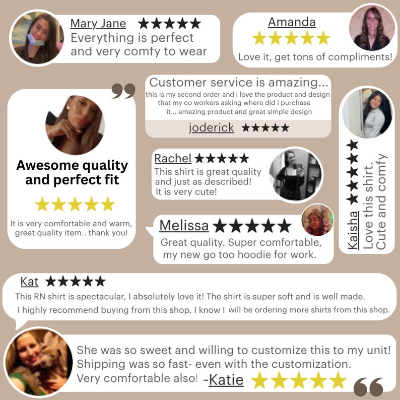 Puede incluir: Un collage de rese&ntilde;as de clientes con valoraciones de cinco estrellas, fotos de perfil y testimonios escritos. El texto incluye frases como Awesome quality and perfect fit, Customer service is amazing y This RN shirt is spectacular.