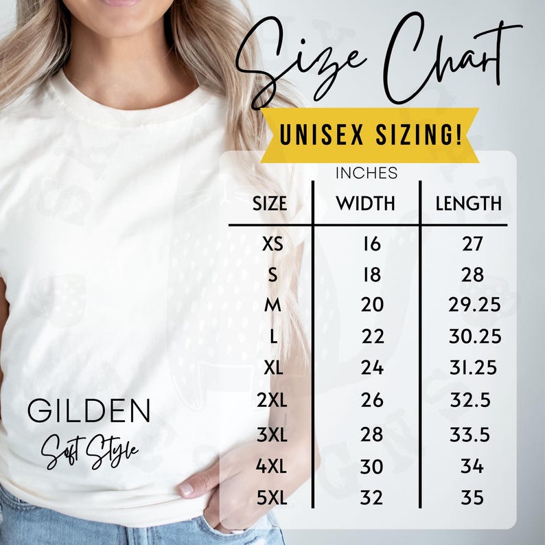 Puede incluir: Una camiseta blanca con una tabla de tallas para tallas unisex. La tabla enumera las tallas XS a 5XL, con las medidas correspondientes en pulgadas para el ancho y el largo. La camiseta es de Gildan Soft Style.