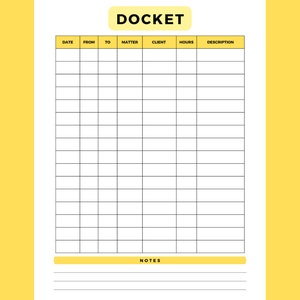 Printable Daily Legal Docket | Time Docket | Lawyer Docket | Daily Notes | Lawyer Daily Notes | Lawyer Time Record | Attorney Docket