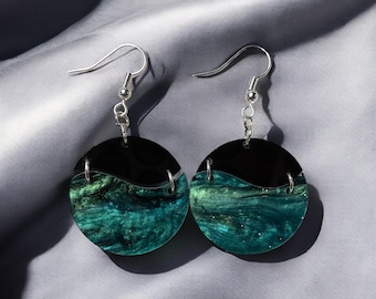 Ocean Wave Acrylic Earrings – Shimmering Blue & Black Dangle Earrings – Lightweight Statement Jewelry