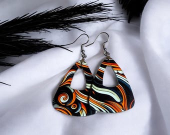 Handcrafted Teardrop Earrings – Orange, Black & White Swirls