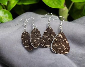 Lightweight Brown Fossil Print Acrylic Dino Earrings - Two Shapes Available | Great Gifts