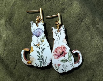 Floral Cat Earrings | Wildflower Acrylic Cat Dangles | Cottagecore Jewelry