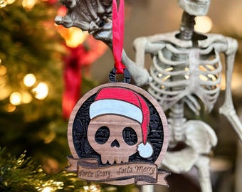 Sorta Scary, Sorta Merry Skull Ornament - Walnut and Acrylic| Black Bones Background