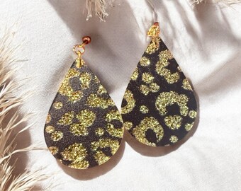 Black Gold Glitter Leopard Print Earrings – Lightweight Teardrop Shape - Everyday Earrings