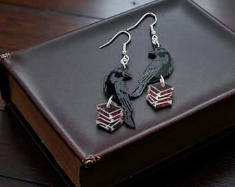 Read, Caw, Repeat – Raven and Book Earrings |Gothic Book Lover Gift – Literary Crow Earrings – Spooky Dark Academia Jewelry