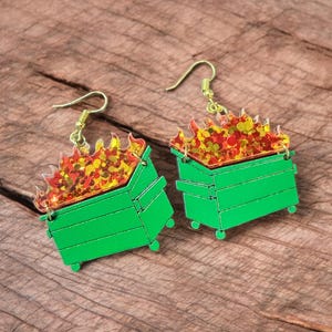 Sparkly Dumpster Fire Earrings – Funny Everyday Disaster Jewelry – Unique Acrylic Earrings