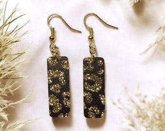 Black and Gold Glitter Leopard Print Earrings – Lightweight Rectangle Drop Earrings