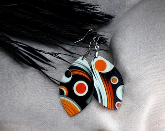 Abstract Dots and Swirls Teardrop Earrings – Lightweight Orange & Black Statement Jewelry