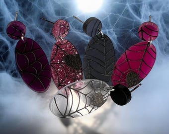 Oval Colorful Spider Web Acrylic Earrings – 5 Spooky Colors to Choose From! | Gifts for You |