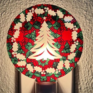 Christmas Nightlight | Stained Glass Tree and Holly Design, Gift Ready! FREE & QUICK Ship
