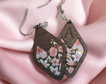 Personalized Wood and Floral Inlay Diamond Shape Acrylic Earrings | Lightweight | Perfect Gift for Her