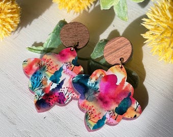 Boho Autumn Earrings | Watercolor Floral Dangle with Wood Accents