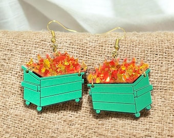 Dumpster Fire Earrings | Layered Glitter Flames, Acrylic Dangle Jewelry