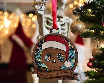 Sorta Scary, Sorta Merry Skull Ornament - Walnut and Acrylic| Christmas Skeletons Background