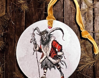 Krampus Festive Ornament | 3" Ceramic with Velvet Ribbon | Quick Ship