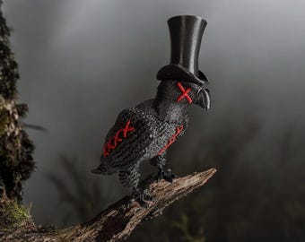 Top Hat Raven Stitchling | Creepy Crow Gothic Figurine | Spooky Decor