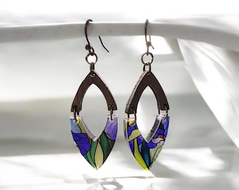 Stained Glass Iris Earrings Open Teardrop Shape | Two Sizes |– Translucent Wood Floral Dangles
