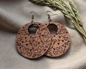 Engraved Heart Wood Circular Earrings |Minimal Boho Dangle Earrings
