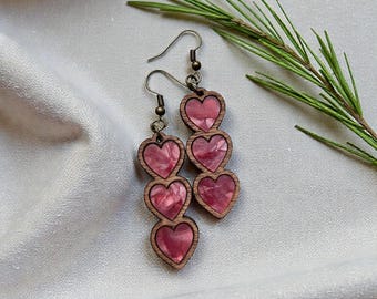 Triple Heart Wood & Acrylic Earrings | Pink Heart Dangles | Lightweight Handmade Jewelry