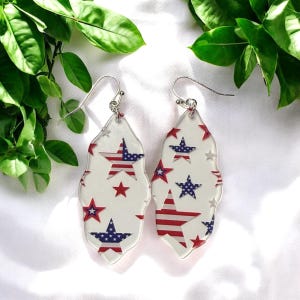 Patriotic Scallop Earrings – Red • White • Blue Stars on Clear Acrylic | Lightweight Acrylic Dangles | Quick and Free Shipping