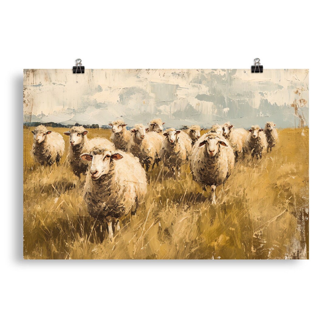 Vintage Inspired Sheep Painting Poster, Muted Flock of Sheep Wall Art ...