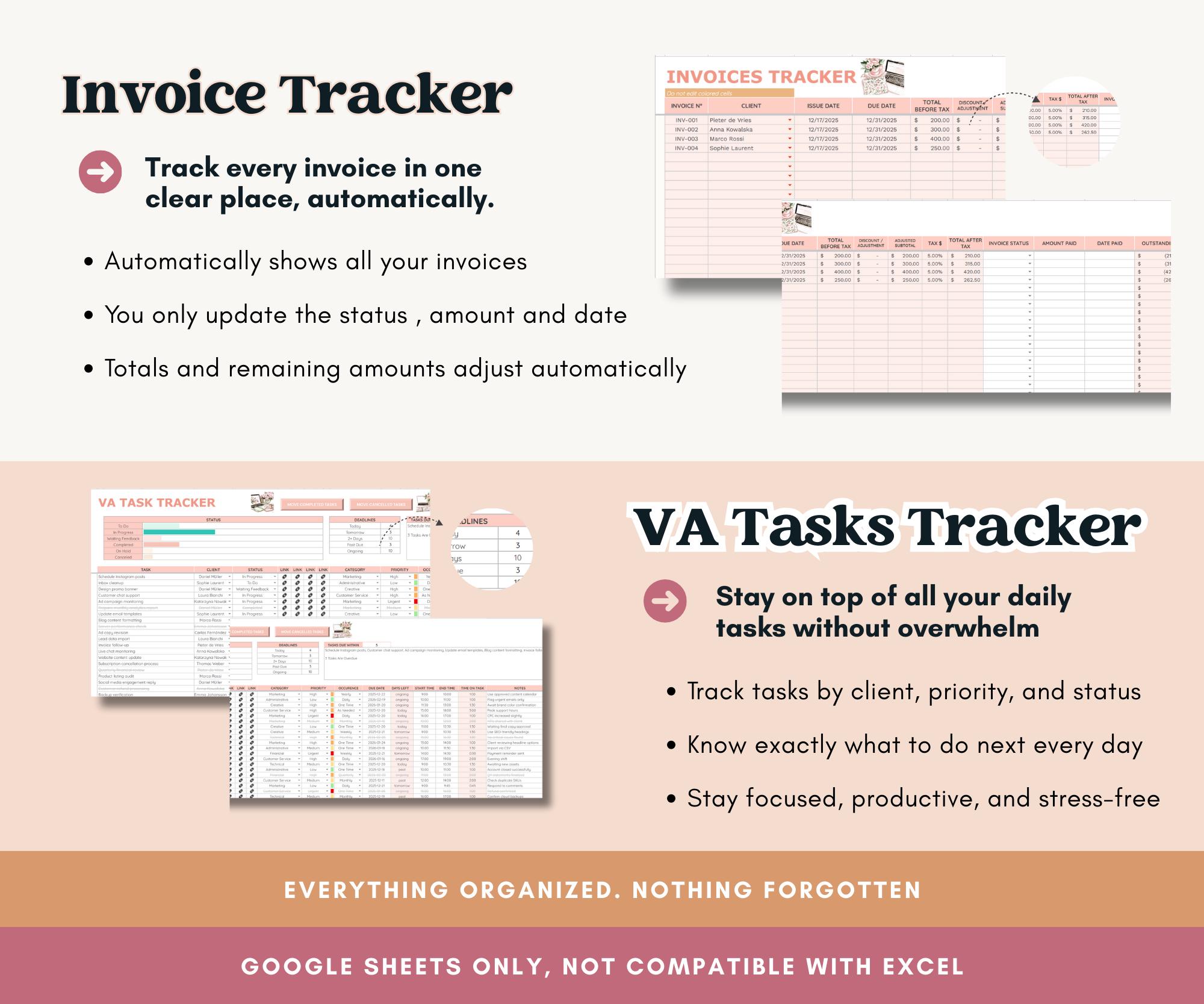 VA Task Tracker Spreadsheet, Virtual Assistant Project, Task, Client ...